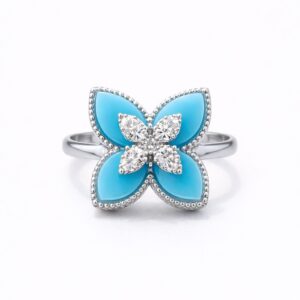 Adjustable Silver and Gold-Plated Ring with Blue Flowers