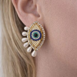 Evil Eye and Pearl Gold Plated Stainless  Steel Earrings - Image 3
