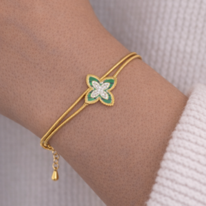 Gold-Plated Stainless Steel Bracelet with Green Floral Detail - Image 3