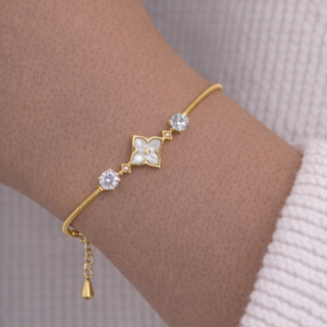 Gold-Plated Stainless Steel Bracelet  White Flowered - Image 3